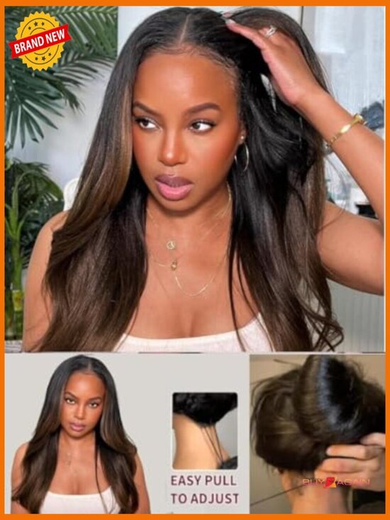 Human Hair Lace Front Wig 7x5 HD Yaki Straight Drawstring Glueless 150% Density